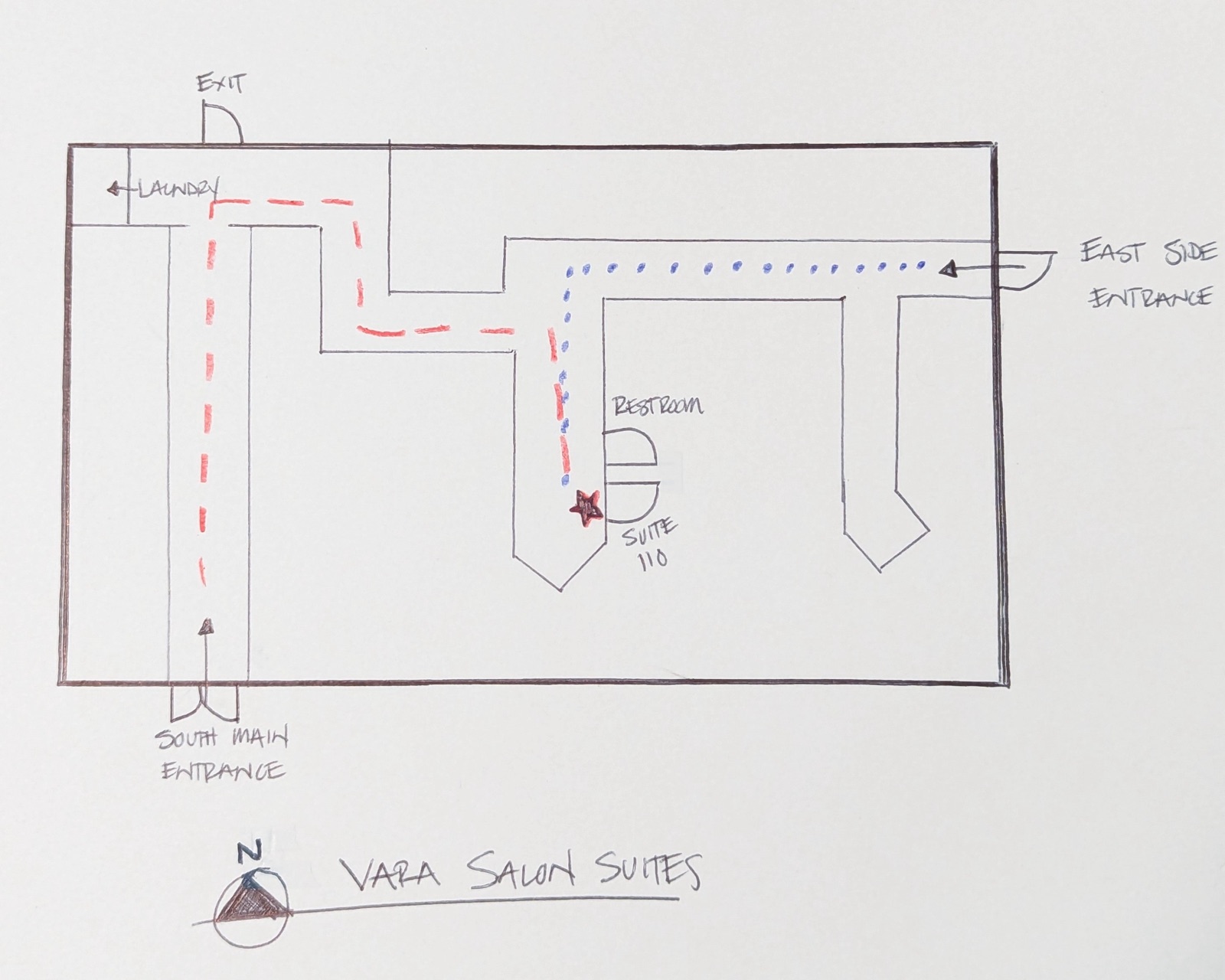 Hand-drawn map of the route to Suite 110 inside Vara Salon Suites
